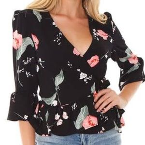 MinkPink Black Floral Floriana Wrap Top Blouse